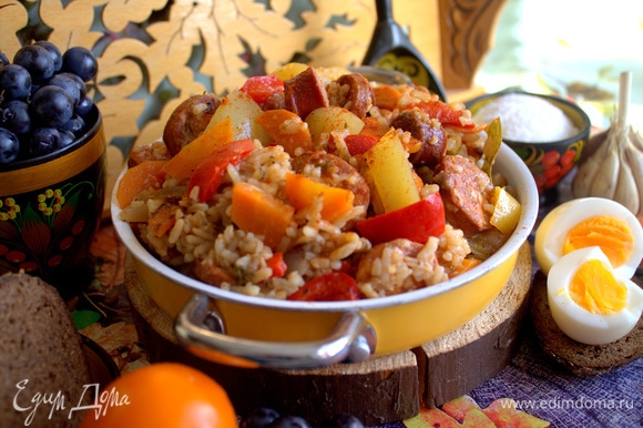 Рис с овощами и колбасками Блюда из круп,овощные блюда