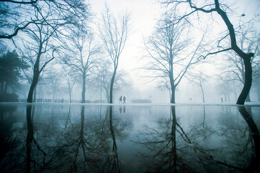 Во время тумана городской парк Будапешта выгляди таинственно