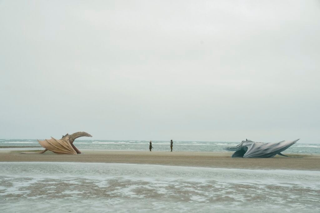 Emma D'Arcy as Rhaenyra Targaryen and Clinton Liberty as Addam of Hull meet on the shore.