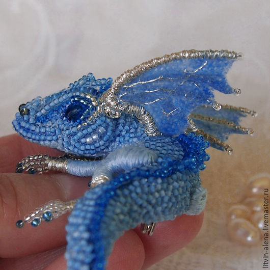 Brooches handmade. Brooch dragon 'Frost' Brooch beads. Embroidered dragon. master Alena Litvin. My Livemaster.Brooch beads