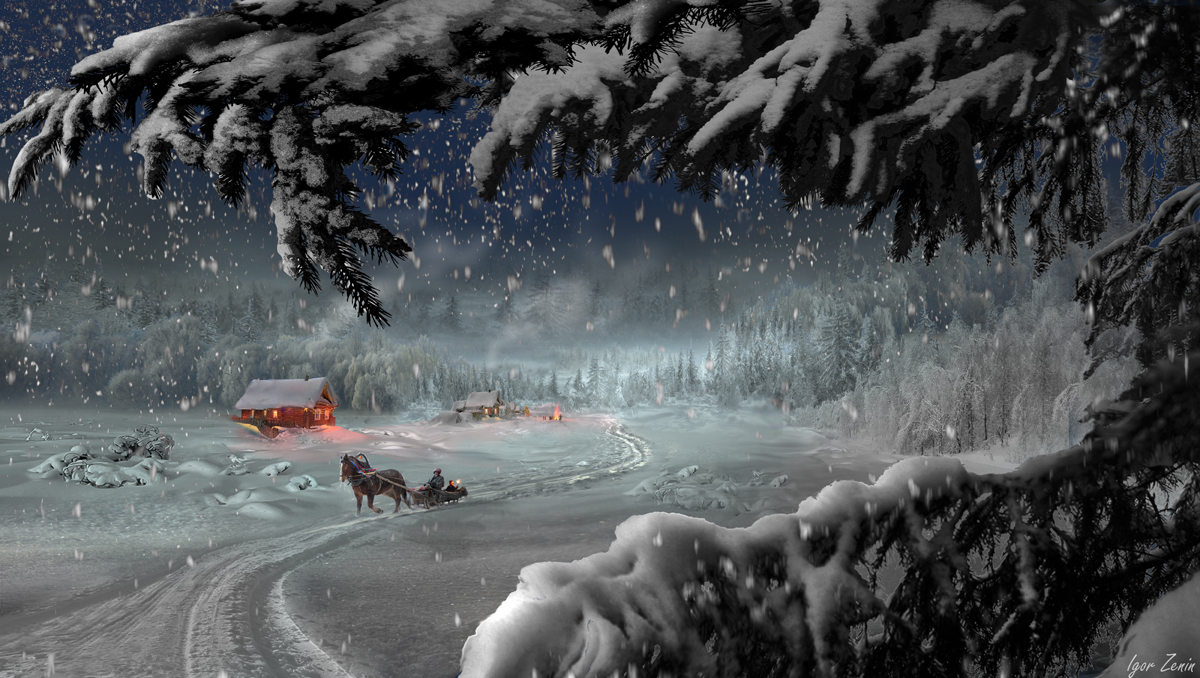 Рождество на хуторе, на переднем плане ветки ели в снегу, а по снежной дороге лошадь с санями, фотограф Igor Zenin