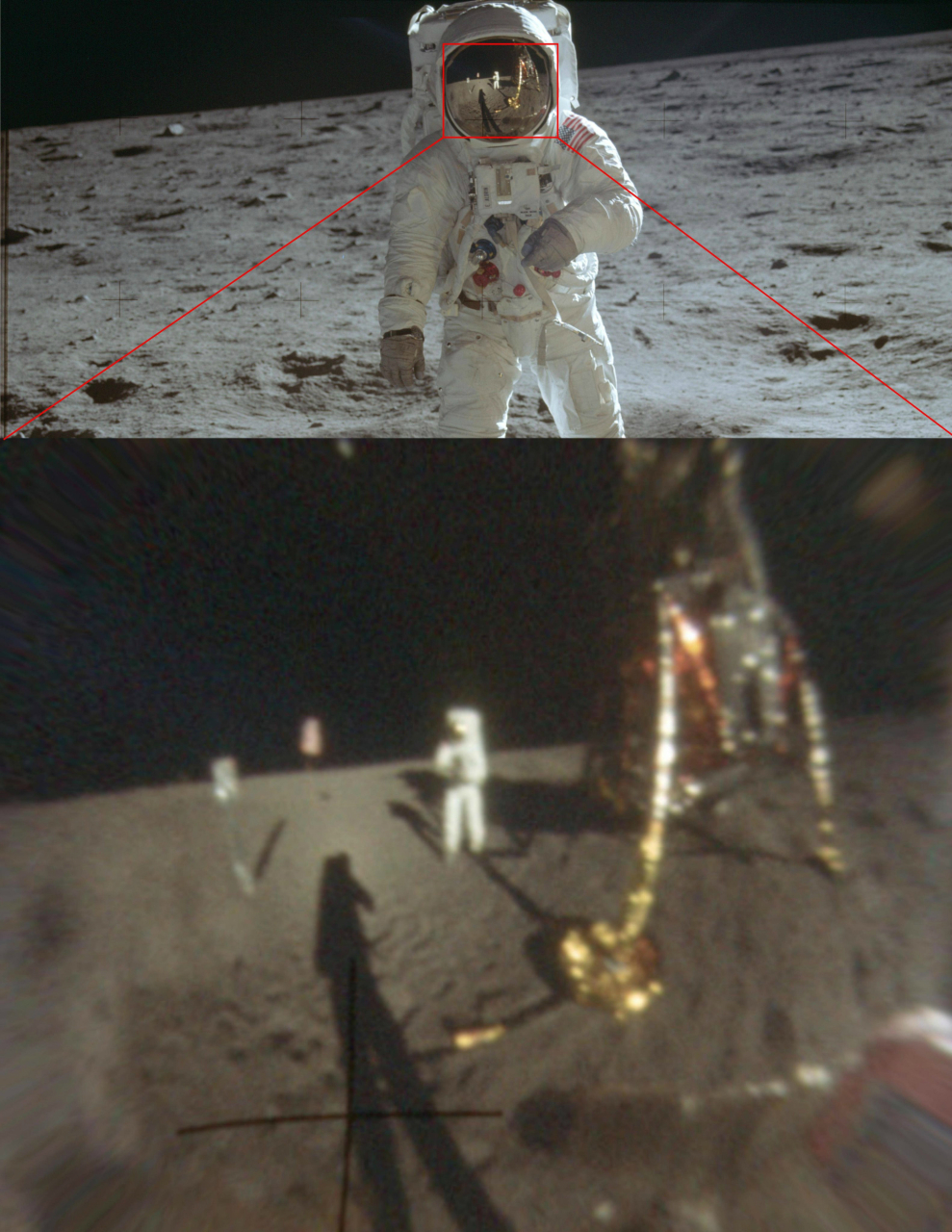 Ученые увеличили четкость фотографий высадки на Луну и показали в деталях отражение на шлеме Армстронга Армстронг, считали, теории, отражается, отражение, фотографию, Сторонники, чтото, шлема, стекле, Олдрина, снимает, самую, спорную, павильонНо, наконец, снимкеИ, видно, заело, флагштока