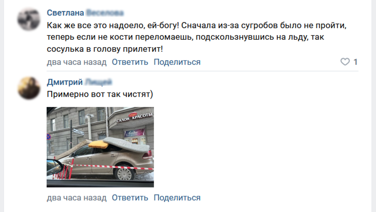 Не гулять под крышами и ждать лета: в соцсетях петербуржцам дают советы, как выжить этой зимой