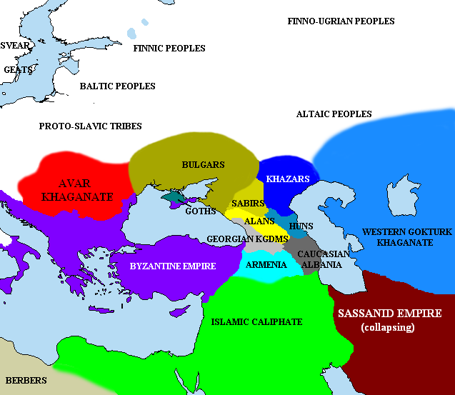 VI век нашей эры: Аварский каганат(красным), Великая Булгария (коричневый)