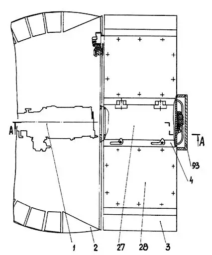 Вид сверху на ТЗМ: 1 – пушка, 2– башня, 4 – крыша башни, 27 – загрузочно-дополнительный люк с крышкой, 28 – два люка с крышками для направления взрывной волны при аварийном взрыве, 93 – броневой корпус приводных механизмов стопора конвейера и раскрытия кассет.