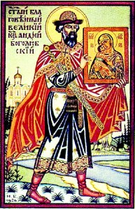 Князь с похищенной иконой Божией Матери на открытке работы Ивана Билибина