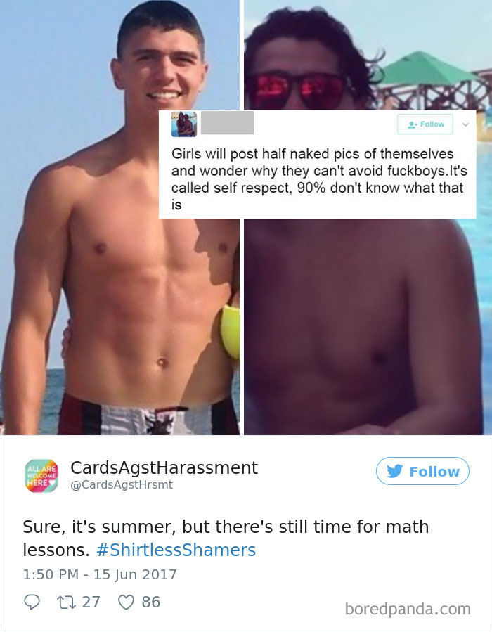 A Woman Is Mocking The Shirtless Dudes