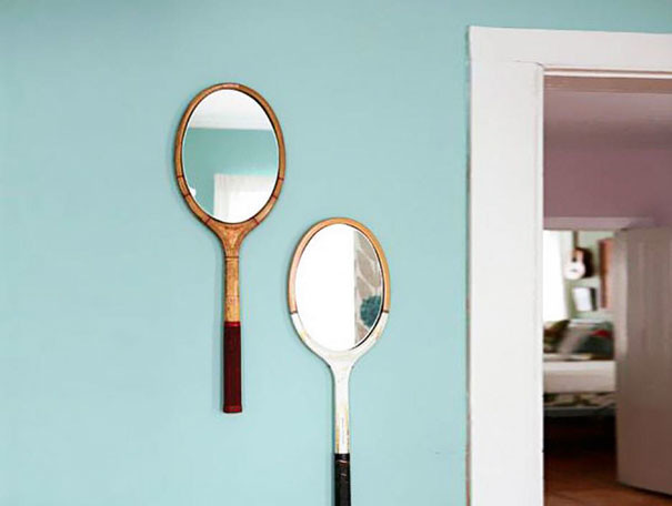 Зеркало из старой бадминтонной или теннисной ракетки понравится тем, кто не мыслит жизни без спорта отходы в доходы, советы, хозяйство