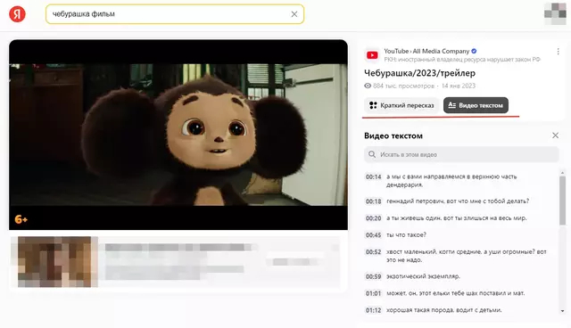 Скриншот поиска видео по Яндексу с функцией видео текстом от Yandex GP
