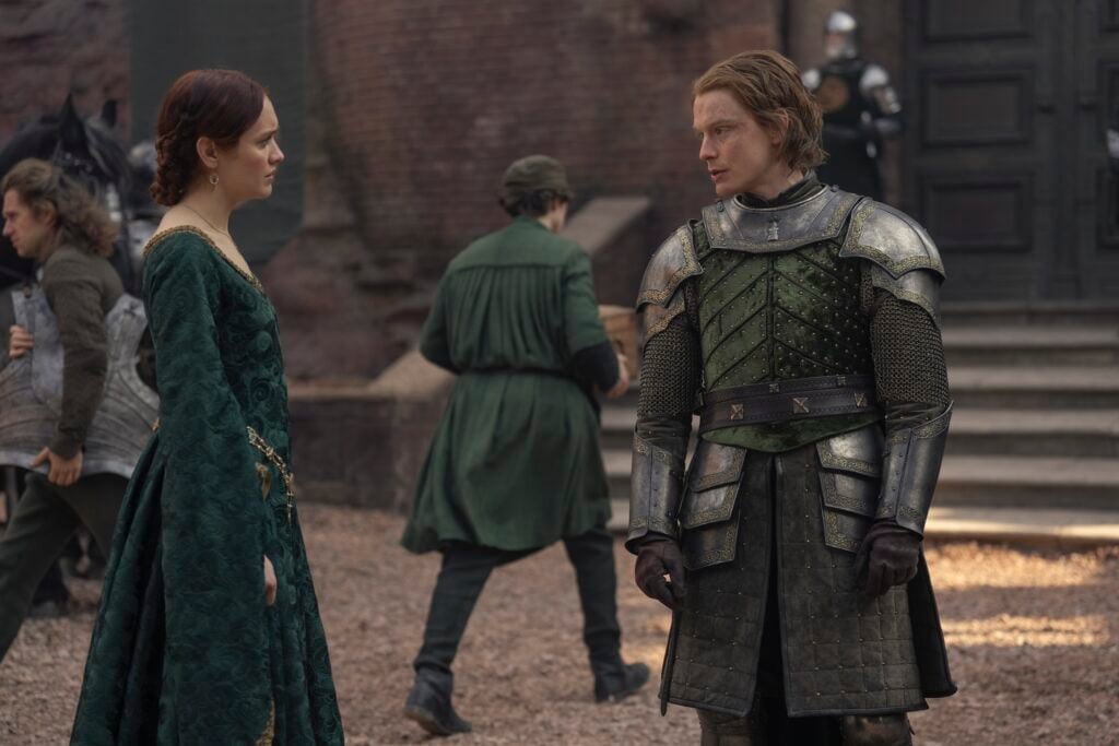 Olivia Cooke as Alicent Hightower and Freddie Fox as Gawain Hightower.