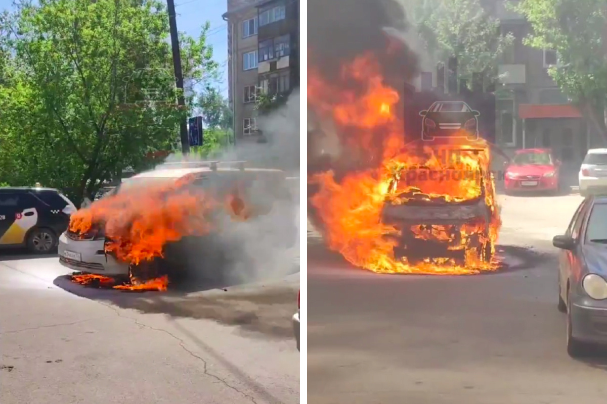 В Красноярске на улице Калинина загорелся и взорвался автомобиль