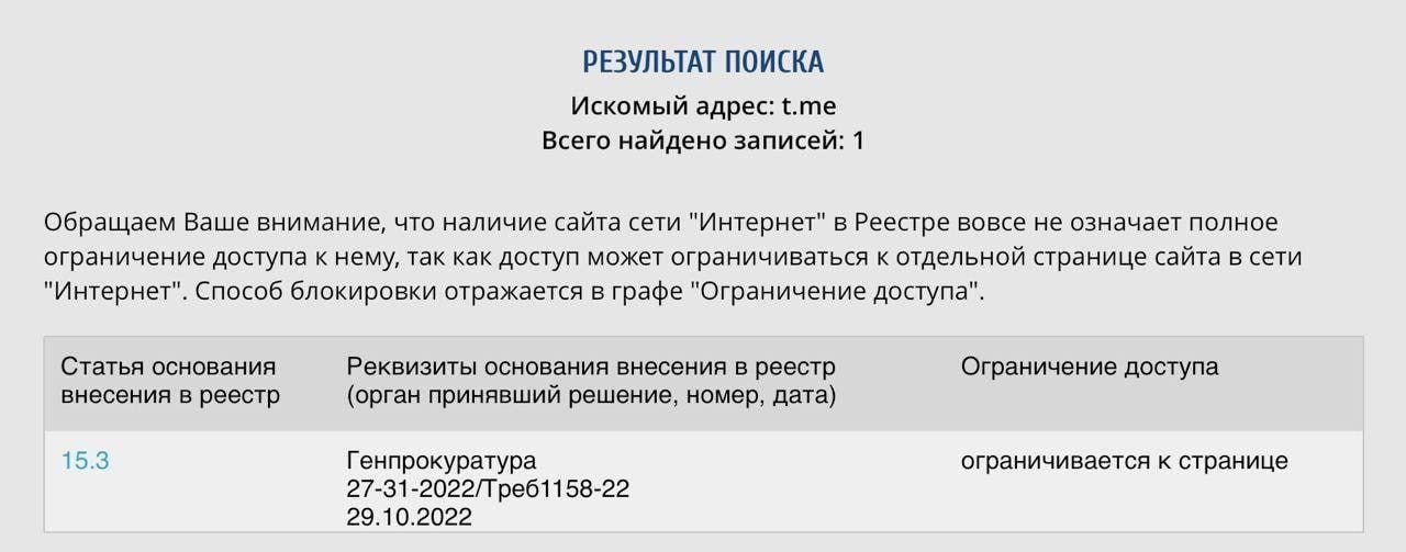 Роскомнадзор заблокировал короткий домен для Telegram Общество