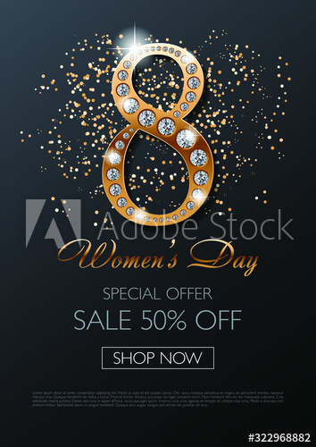 Luxury Womens Day Jewelry Sale special offer shop now poster, flyer, banner, invitation card template with golden digit 8 with diamonds on black background 