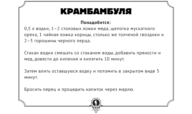 Рецепт  Понадобится: 0,5 л водки, 1–2 столовых ложки меда, щепотка мускатного ореха, 1 чайная ложка корицы, столько же толченой гвоздики и 2–3 горошины черного перца. Стакан водки смешать со стаканом воды, добавить пряности и мед, довести до кипения и кипятить 10 минут. Затем влить оставшуюся водку и потомить в закрытом виде 5 минут. Бросить перец и процедить напиток через марлю.