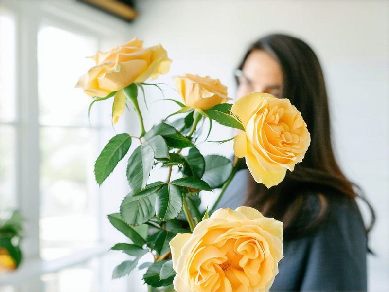 девушке дарят желтые розы