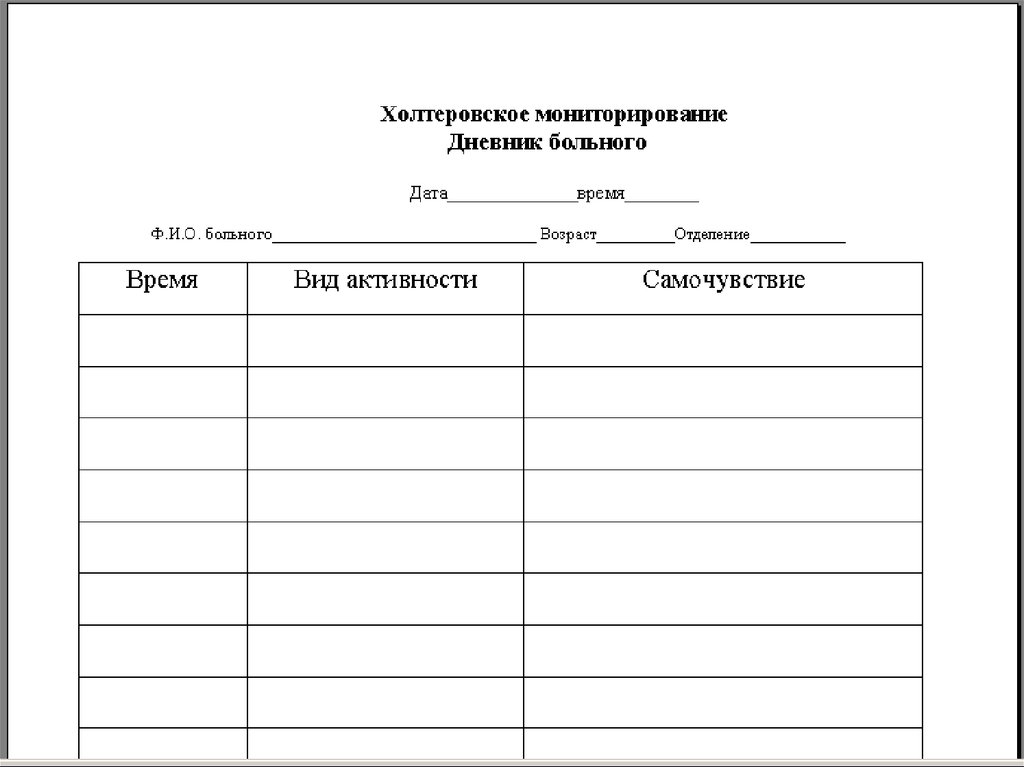 Дневник пациента при суточном мониторировании экг образец заполнения