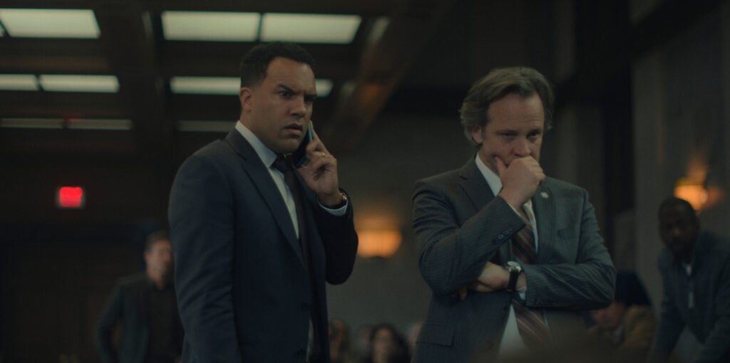 O-T Fagbenle and Peter Sarsgaard in "Presumed Innocent," now streaming on Apple TV+.