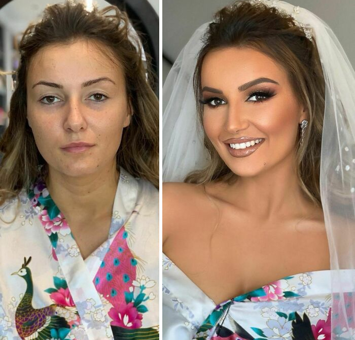 До и после свадебного макияжа и прически