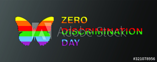 Zero Discrimination Day vector design with rainbow butterfly and text cutouts on dark background 