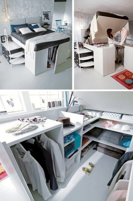 Если площадь вашей спальной комнаты небольшая, тогда вам подойдет вариант мини-гардеробной под спальным местом.