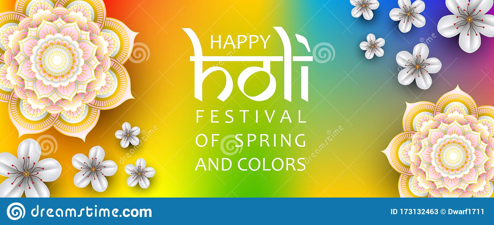 Happy Holi festival of spring and colors vector banner template with flowers and mandalas on rainbow background