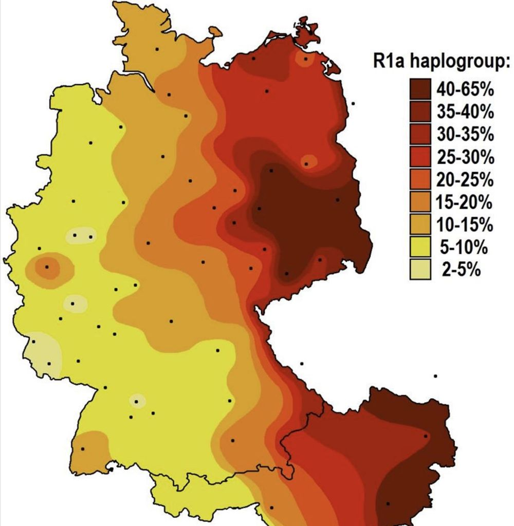 Современное содержание гаплогруппы R1a в Восточной и Западной Германии.