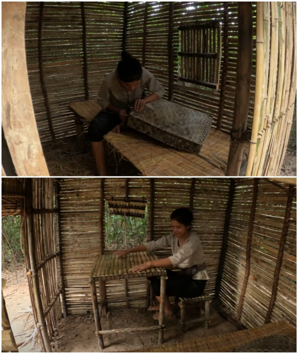 Девушка своими руками сделала и подушки из подручных материалов, и обеденную группу.