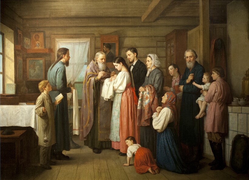 Картина «Крестины», Аким Егорович Карнеев. 1870-е годы 