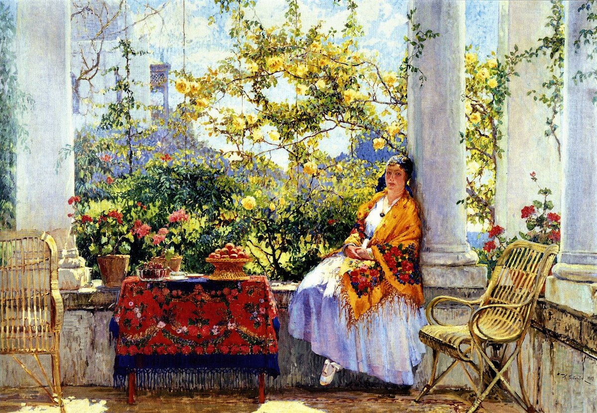 "Отдых на веранде. портрет жены художника",  1917