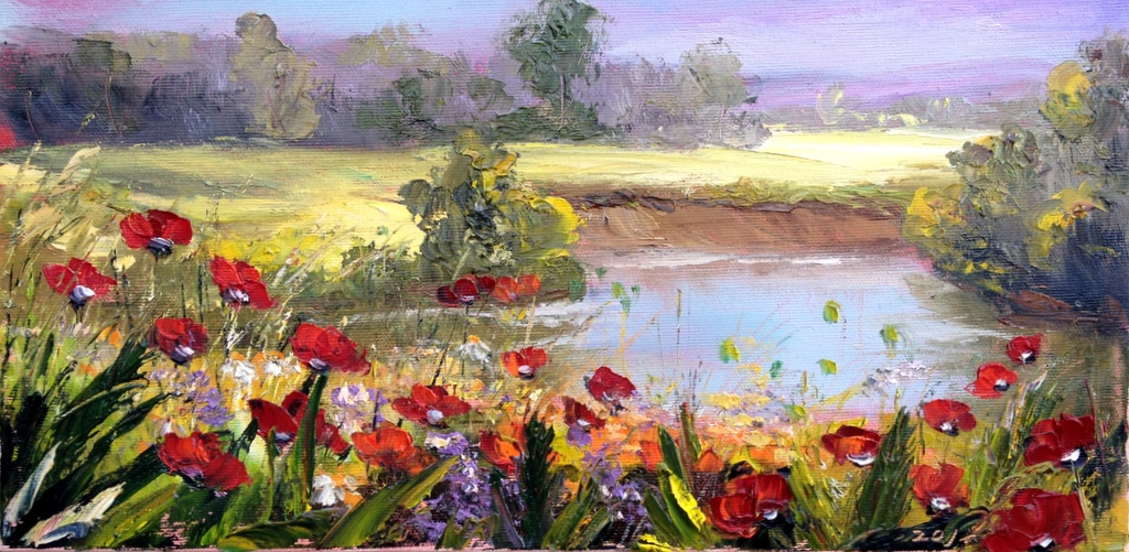 Zivotic Зоран, озеро, холст, масло, 20x40cm