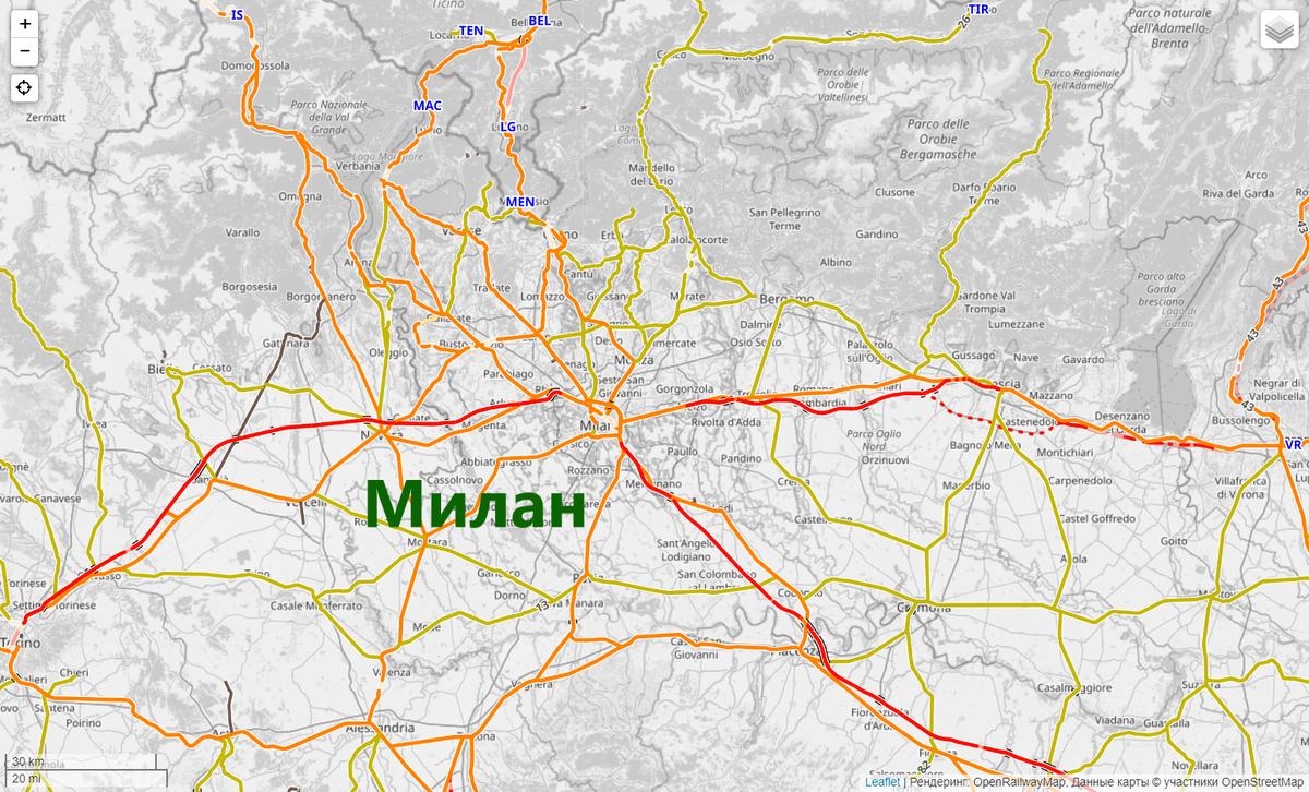 Милан, Италия. ВСМ со скоростным режимом 300 км/ч ближе к городу вливается в общую железнодорожную сеть, пути которой делят с электричками и прочими поездами. 