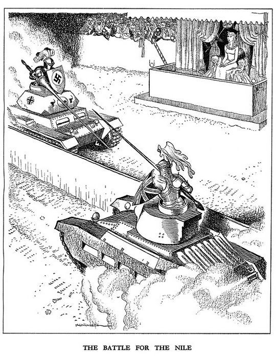 «Битва за Нил» (9 сентября 1942 года). Карикатура, нарисованная перед самыми решающими событиями в Северной Африке в несколько странном ключе, изображает противостояние англичан и немцев в виде рыцарского поединка «тройки» и «матильды» - Весёлые картинки Warspot: английский юмор и Вторая мировая | Warspot.ru