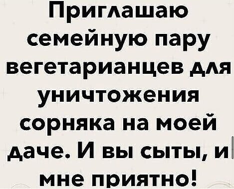 Возможно, это изображение (один или несколько человек и текст «приглашаю семейную пару вегетарианцев для уничтожения сорняка на моей даче. и вы сыты, и мне приятно!»)