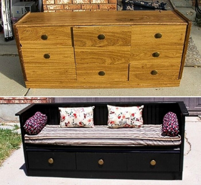 Отличный пример, как из ненужного комода можно сделать стильный диванчик до и после, идея, мебель, ремонт, своими руками, фантазия