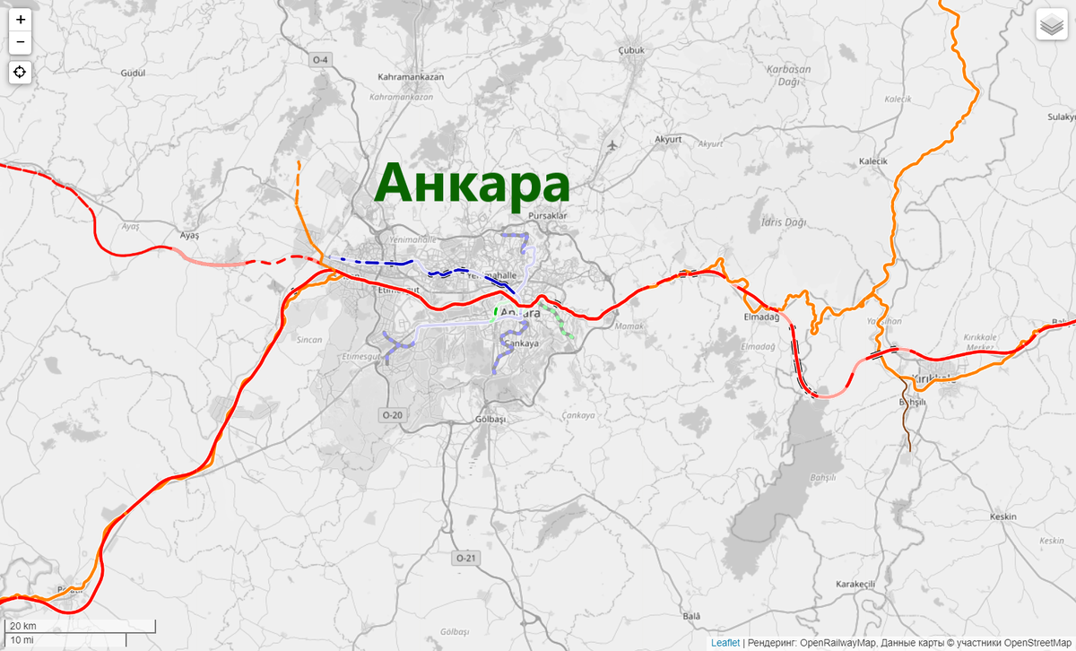 Анкара, Турция. В пределах города пути ВСМ проложены параллельно путям обычной железной дороги со скоростным режимом 110 км/ч.