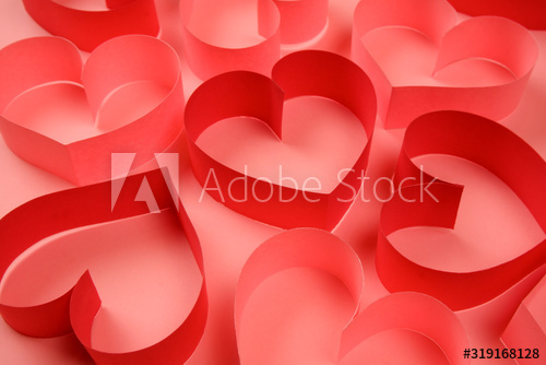 Bunch of red and pink paper hearts on pink background. Pretty love, valentines day, womens day banner, offer, card, invitation, flyer, poster template.