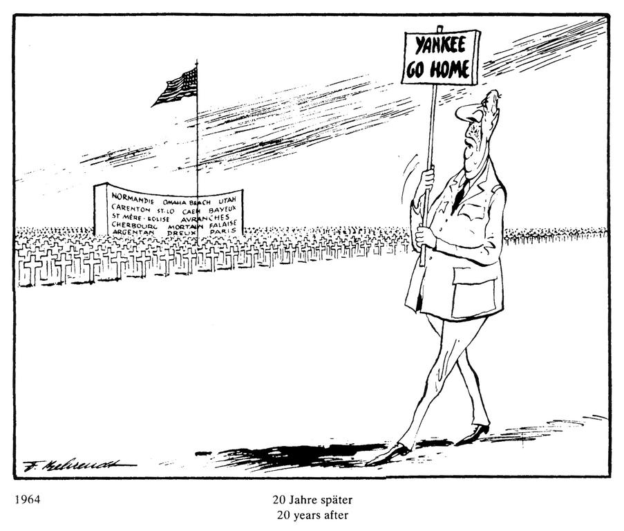 Западногерманская карикатура на де Голля, призывающего американцев оставить его страну в покое