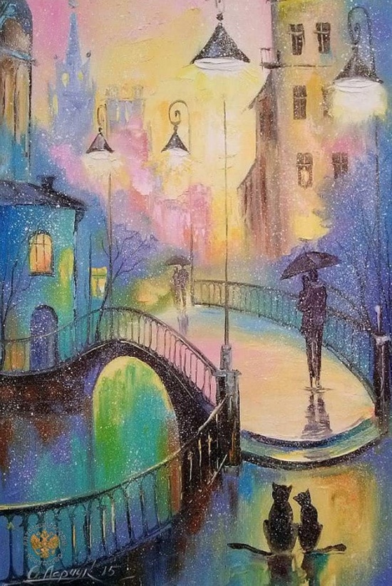 Художник Ольга Дарчук. Черно-белая любовь под красным зонтом 