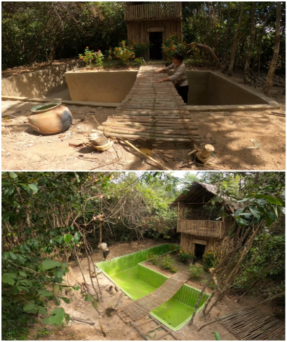 Зеленый цвет и подвесной мостик станут дополнительным украшением двора девушки.