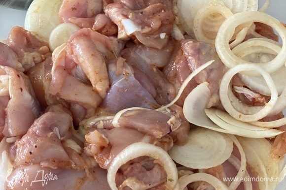 Для шашлычков необходимо брать филе бедра куриного, уже без костей. Мясо промыть, просушить на бумажных полотенцах. Нарезать небольшими кусочками. Лук очистить, нарезать кружками. Чеснок очистить, выдавить через пресс. Смешать соль, перец, приправу «Для курицы», чеснок. Заправить мясо, добавить кольца лука, хорошо перемешать, отставить мариноваться на 2–3 часа. За 30 минут до истечения времени замочить в холодной воде шпажки — 8 шт длиной 30 см.