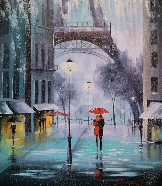 Художник Ольга Дарчук. Черно-белая любовь под красным зонтом 