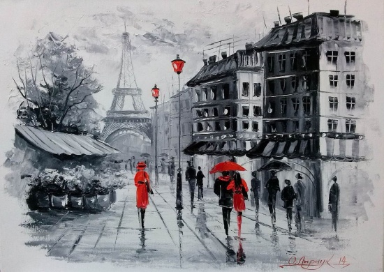 Художник Ольга Дарчук. Черно-белая любовь под красным зонтом 