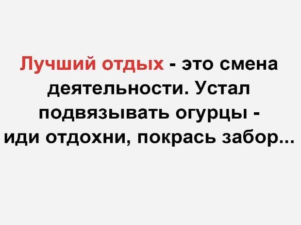 Возможно, это изображение (один или несколько человек и текст «лучший отдых -это смена деятельности. устал подвязывать огурцы- иди отдохни, покрась забор...»)