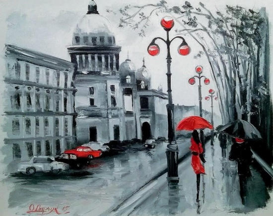 Художник Ольга Дарчук. Черно-белая любовь под красным зонтом 