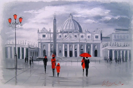 Художник Ольга Дарчук. Черно-белая любовь под красным зонтом 