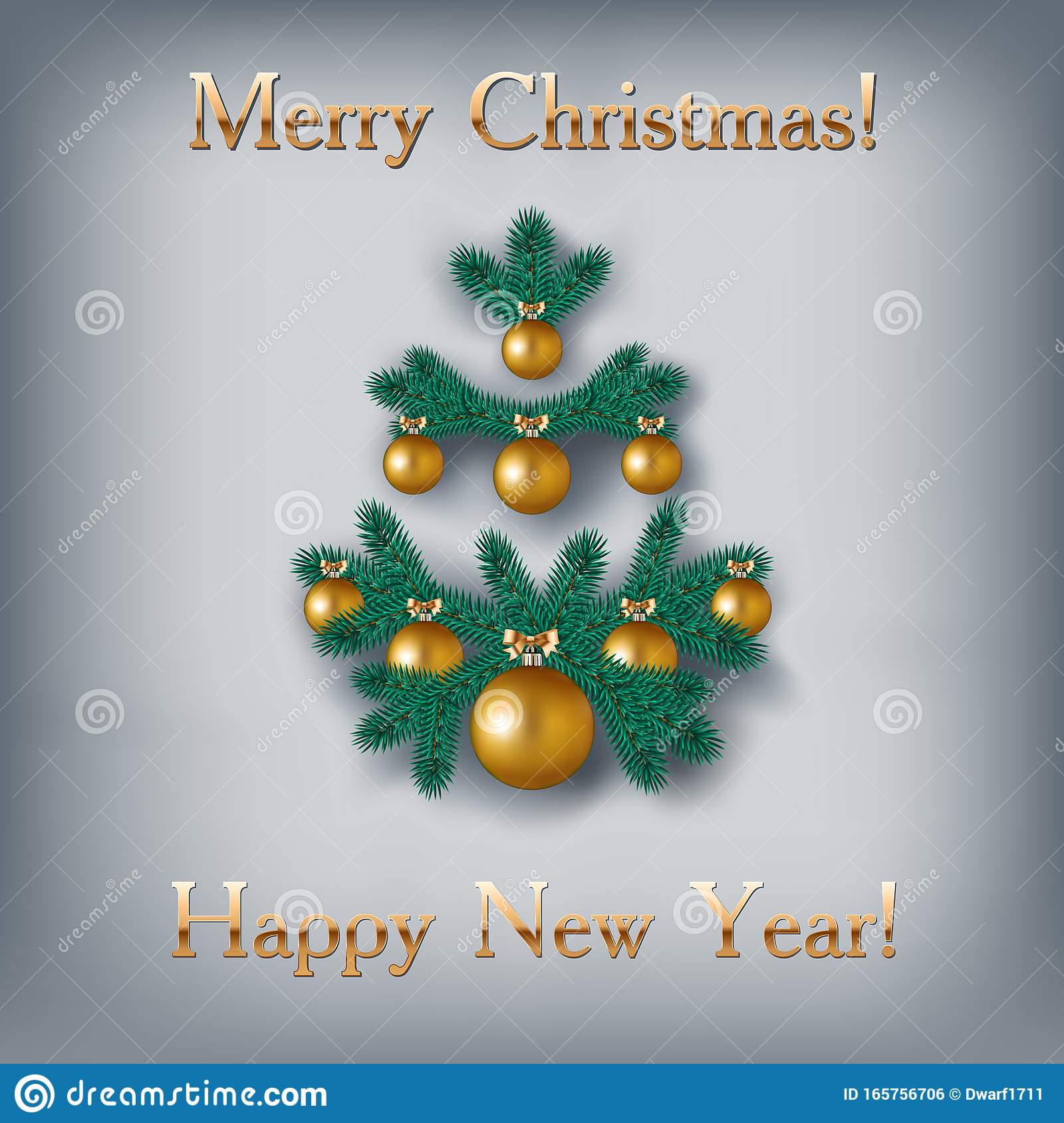 Vector square banner or social media post template with Christmas tree from spruce branches and decorative balls. Golden Merry Christmas Happy New Year text on gray background.