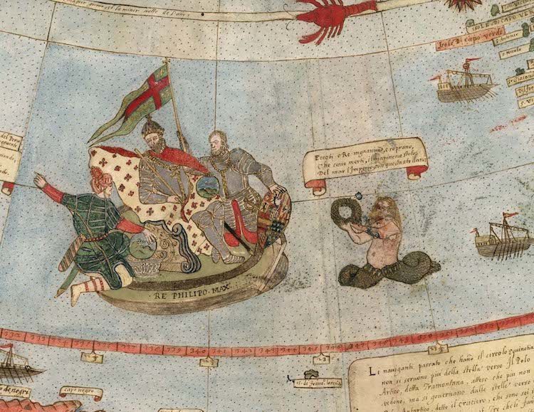 Изображение короля Испании Филиппа II рядом с побережьем Бразилии атлас, география, дэвид рамзи, карта мира, картограф, картография, проекция, старые карты