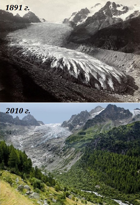 Глечтер Трифт (Trift-Gletscher) в кантоне Вале (Швейцарские Альпы, снимки 1891 и 2010 гг). | Фото: 4sport.ua.