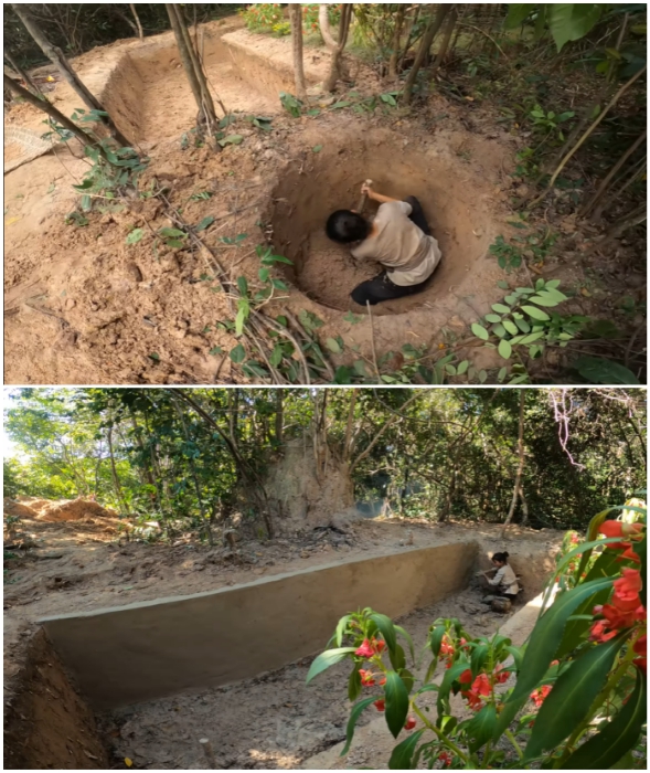 Девушка вырыла котлован и укрепила почву раствором глины и озерного ила.