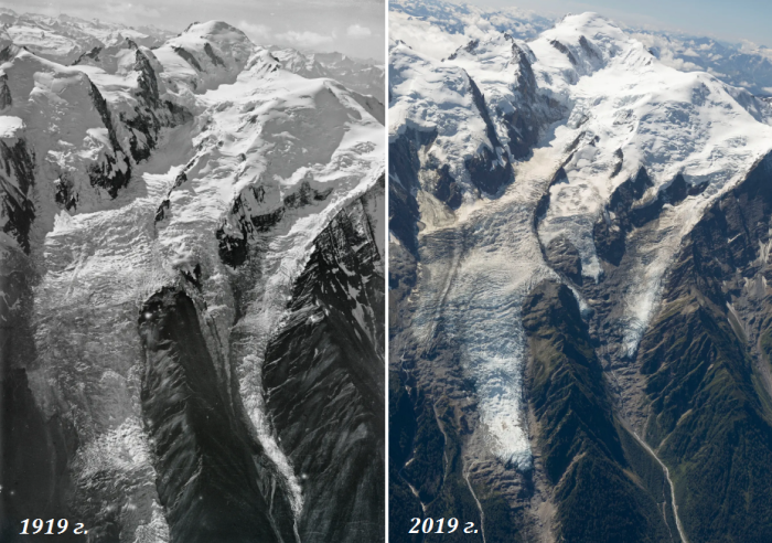 Ледник Монблан Боссон в 1919 и 2019 гг. (Фото Walter Mittelholzer, ETH-Библиотека Цюриха / Dr. Kieran Baxter, University of Dundee). | Фото: theguardian.com. 